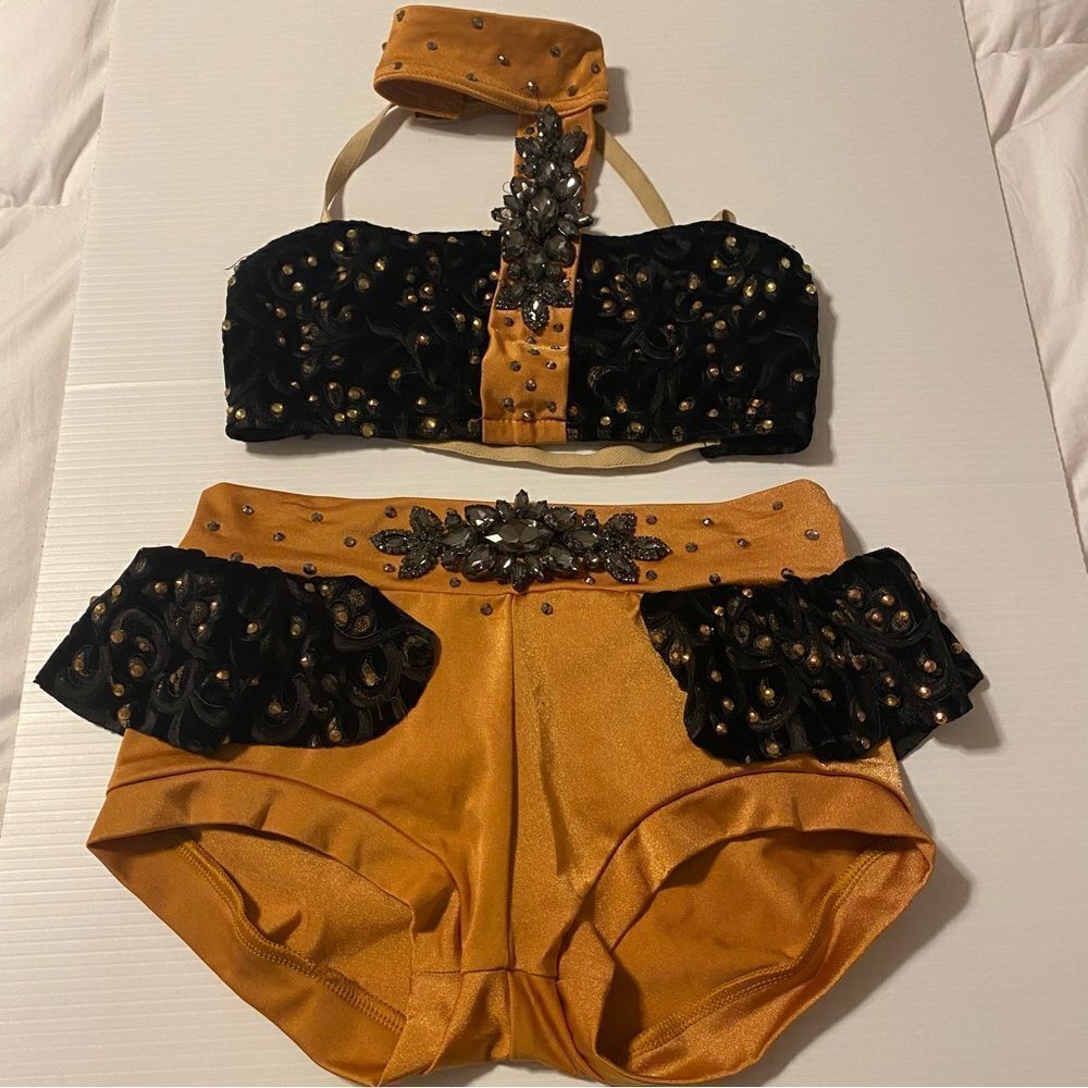 Custom solo jewel rhinestoned bling dance costume 2 piece leotard Orange LC